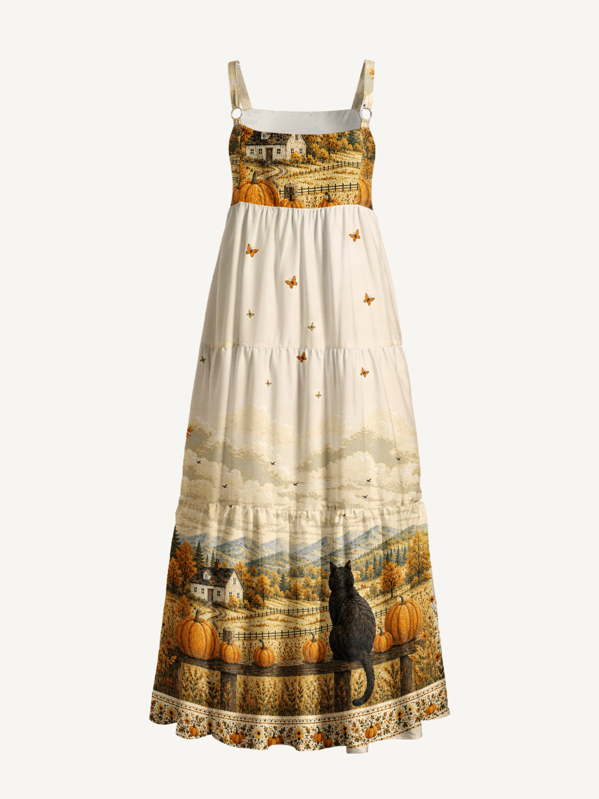 Autumn Pumpkin Field Black Cat Print Wide Straps Maxi Dress With Pockets