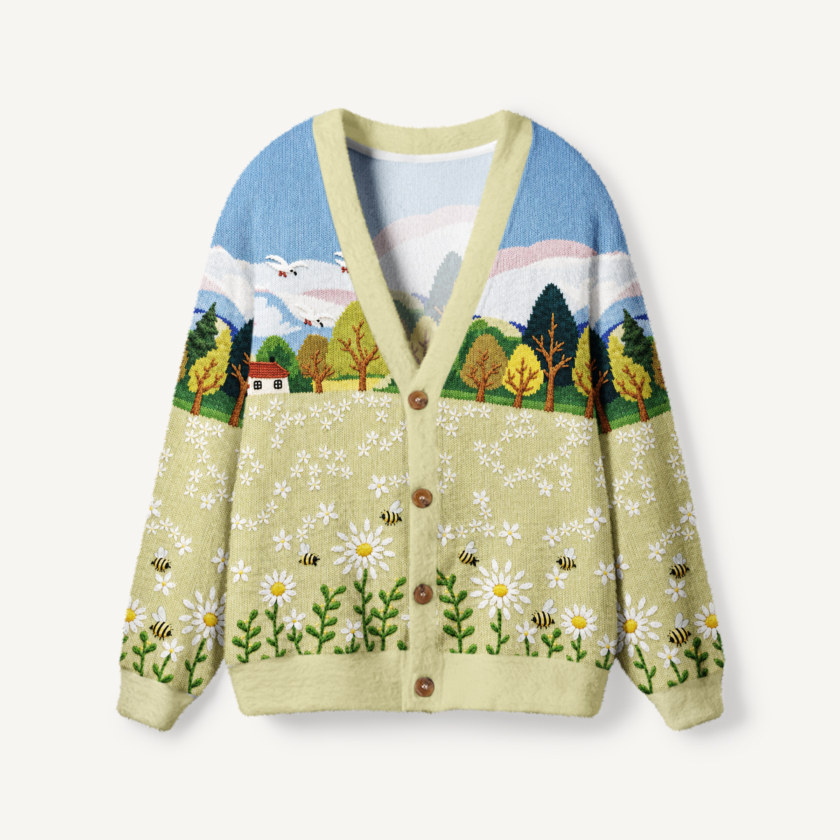 Valley Cottage Daisy & Bees Print Ugly Cardigan Sweaters