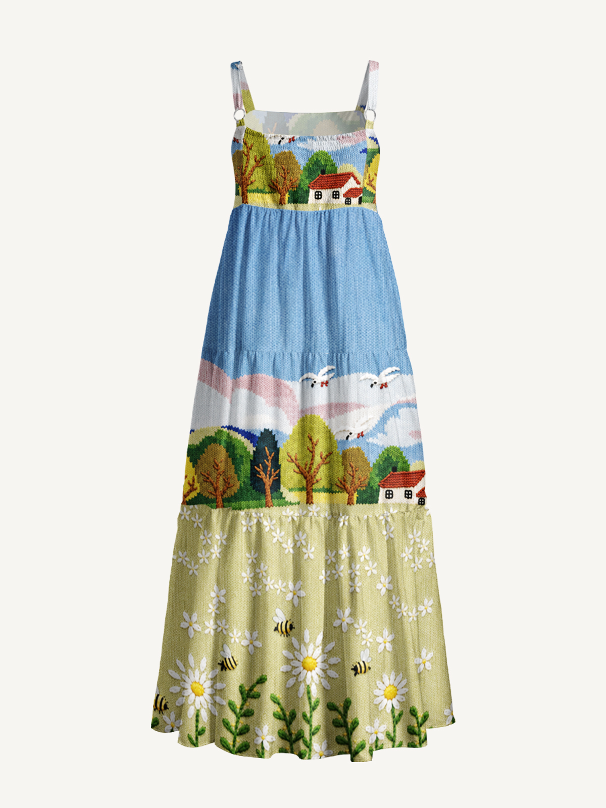 Valley Cottage Daisy & Bees Print Wide Straps Maxi Dress With Pockets