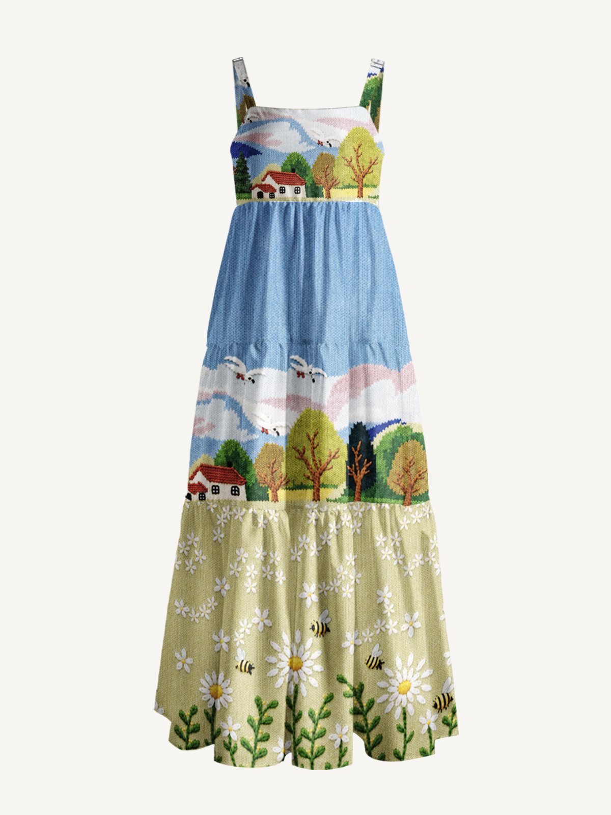 Valley Cottage Daisy & Bees Print Wide Straps Maxi Dress With Pockets