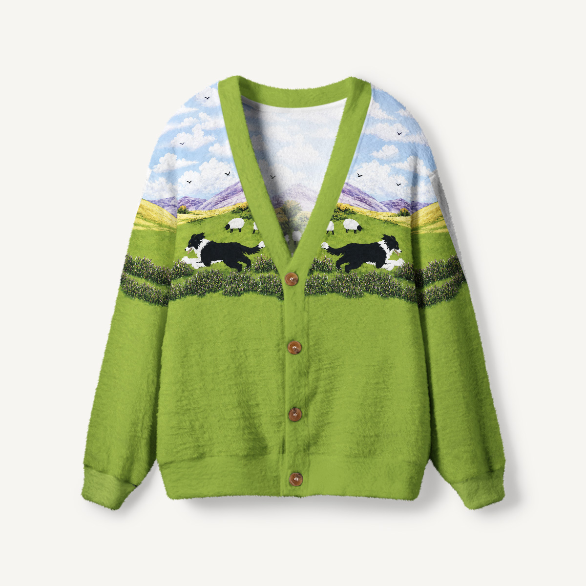 Green Meadow Sheepdog Print Ugly Cardigan Sweaters