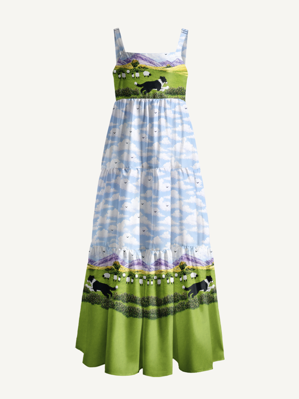 Green Meadow Sheepdog Print Wide Straps Maxi Dress With Pockets
