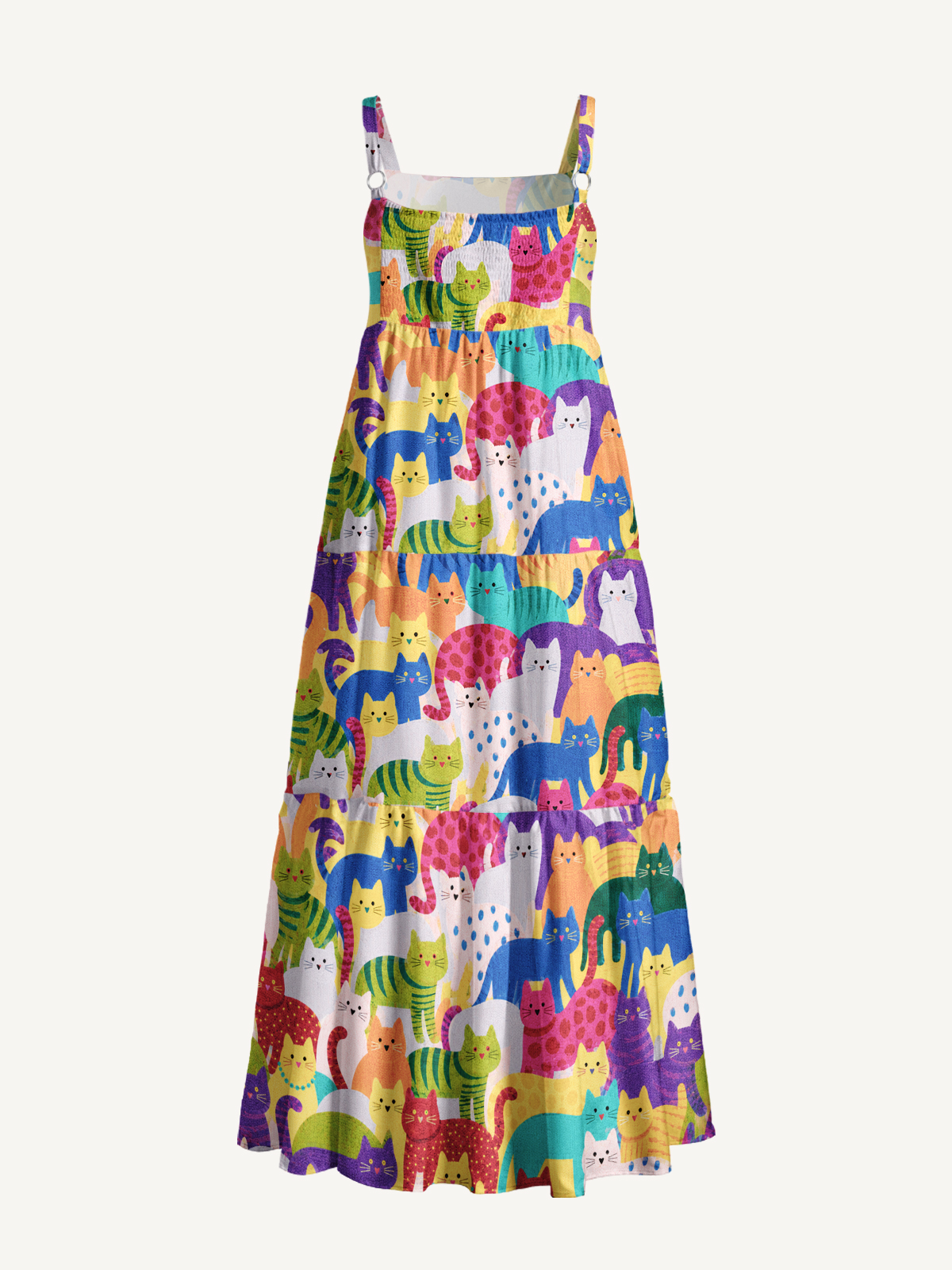 Rainbow Whimsy Cat Print Wide Straps Maxi Dress With Pockets