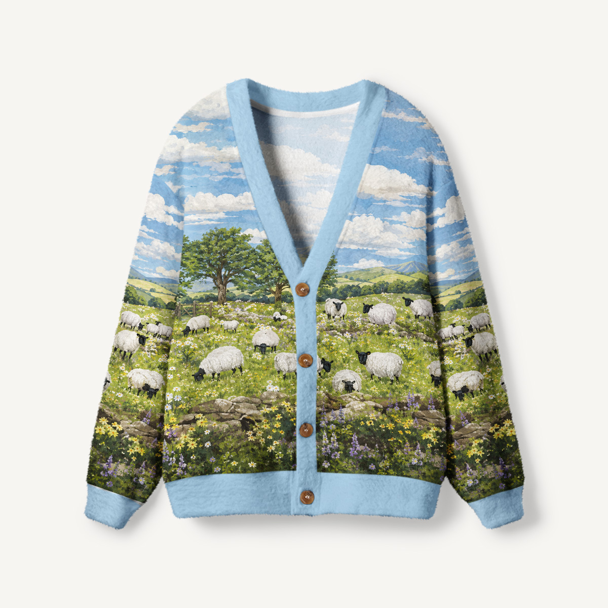 Pasture Sheep Sky Print Ugly Cardigan Sweaters
