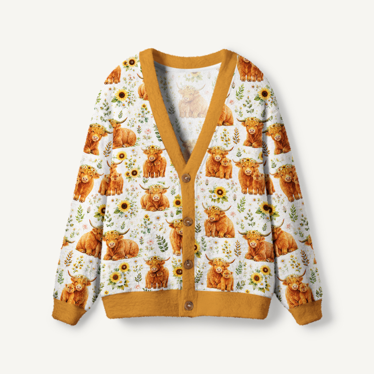 Spring Highland Cow Floral Print Ugly Cardigan Sweaters