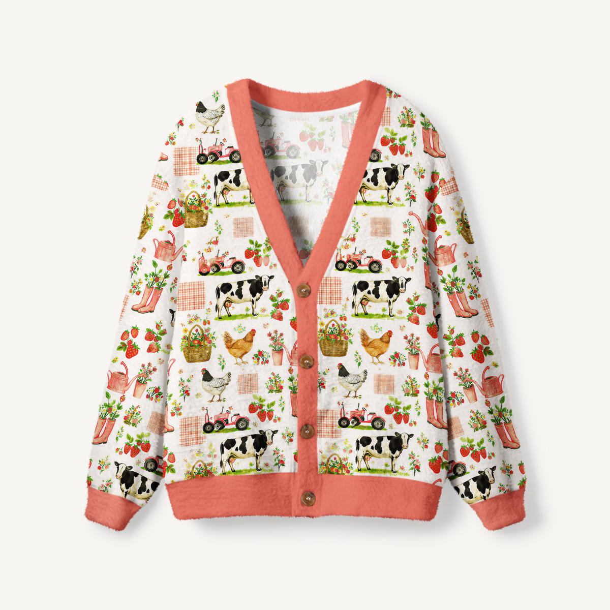 Watercolor Pink Farm Chicken Pink Print Ugly Cardigan Sweaters