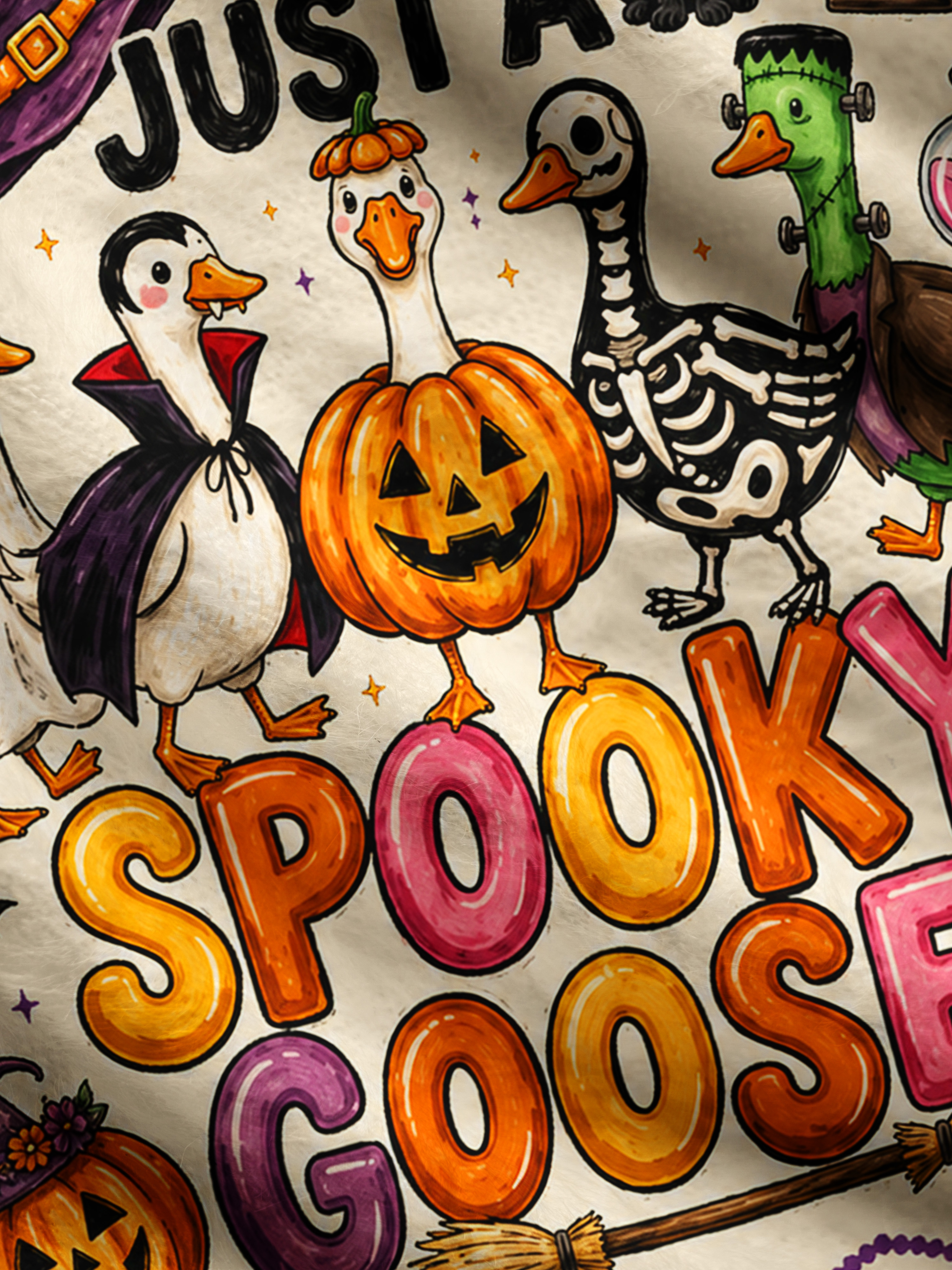 Spooky Goose Halloween Parade Print Fuzzy Crewneck Sweater