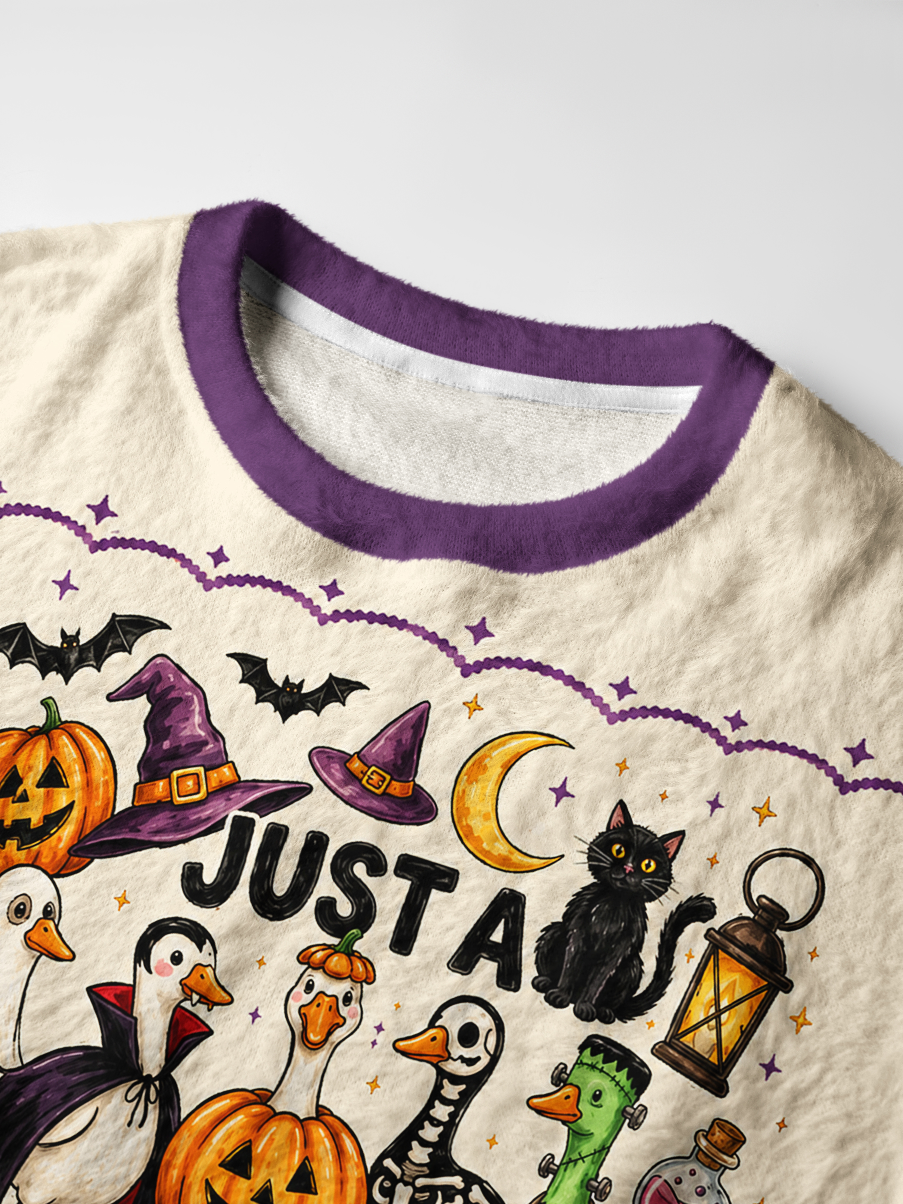 Spooky Goose Halloween Parade Print Fuzzy Crewneck Sweater