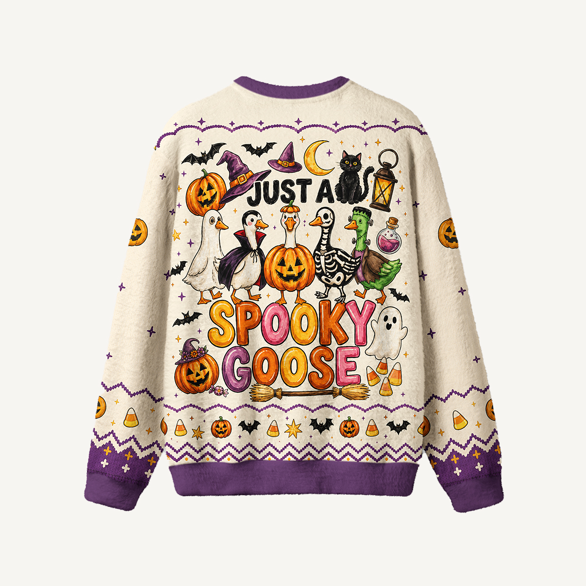 Spooky Goose Halloween Parade Print Fuzzy Crewneck Sweater