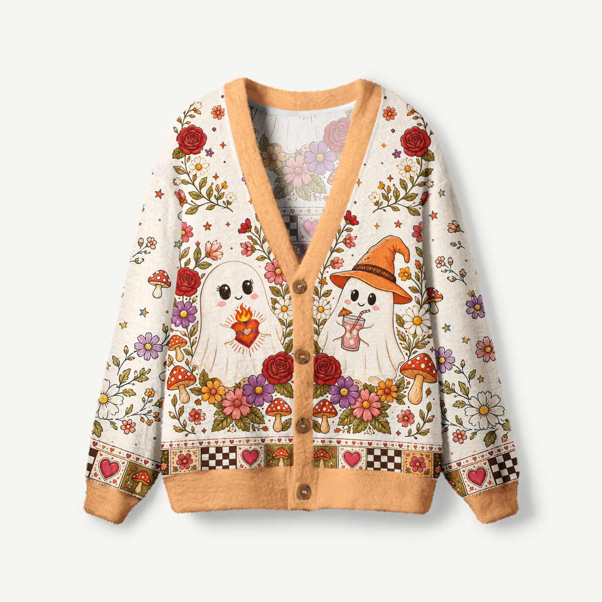Woodland Witch Ghost Floral Print Ugly Cardigan Sweaters
