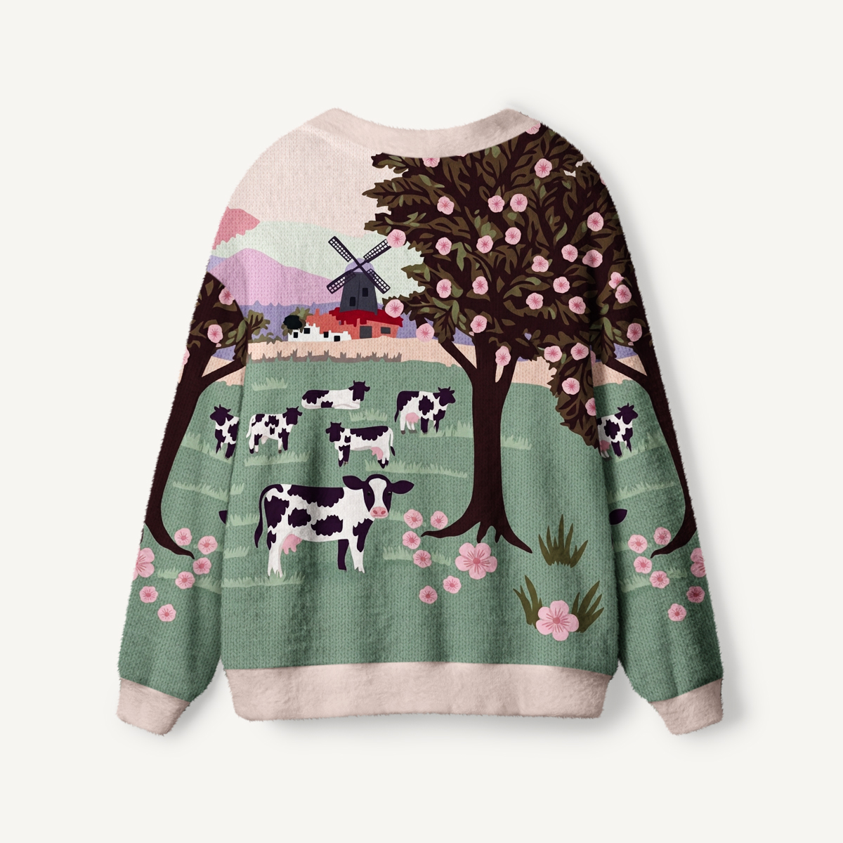 Blossom Pasture Cow & Windmill Print Ugly Cardigan Sweaters
