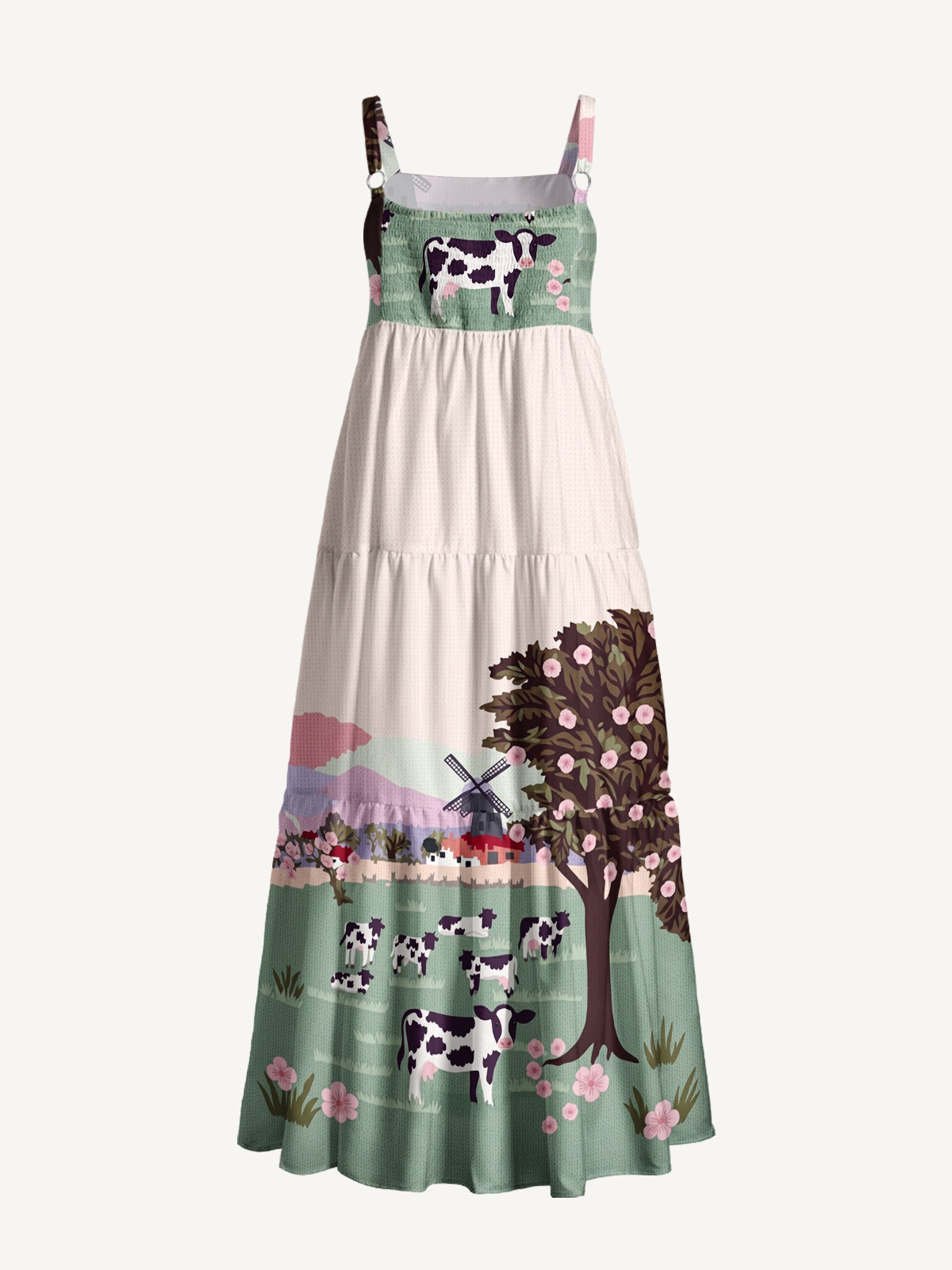Blossom Pasture Cow & Windmill Print Wide Straps Maxi Dress With Pockets