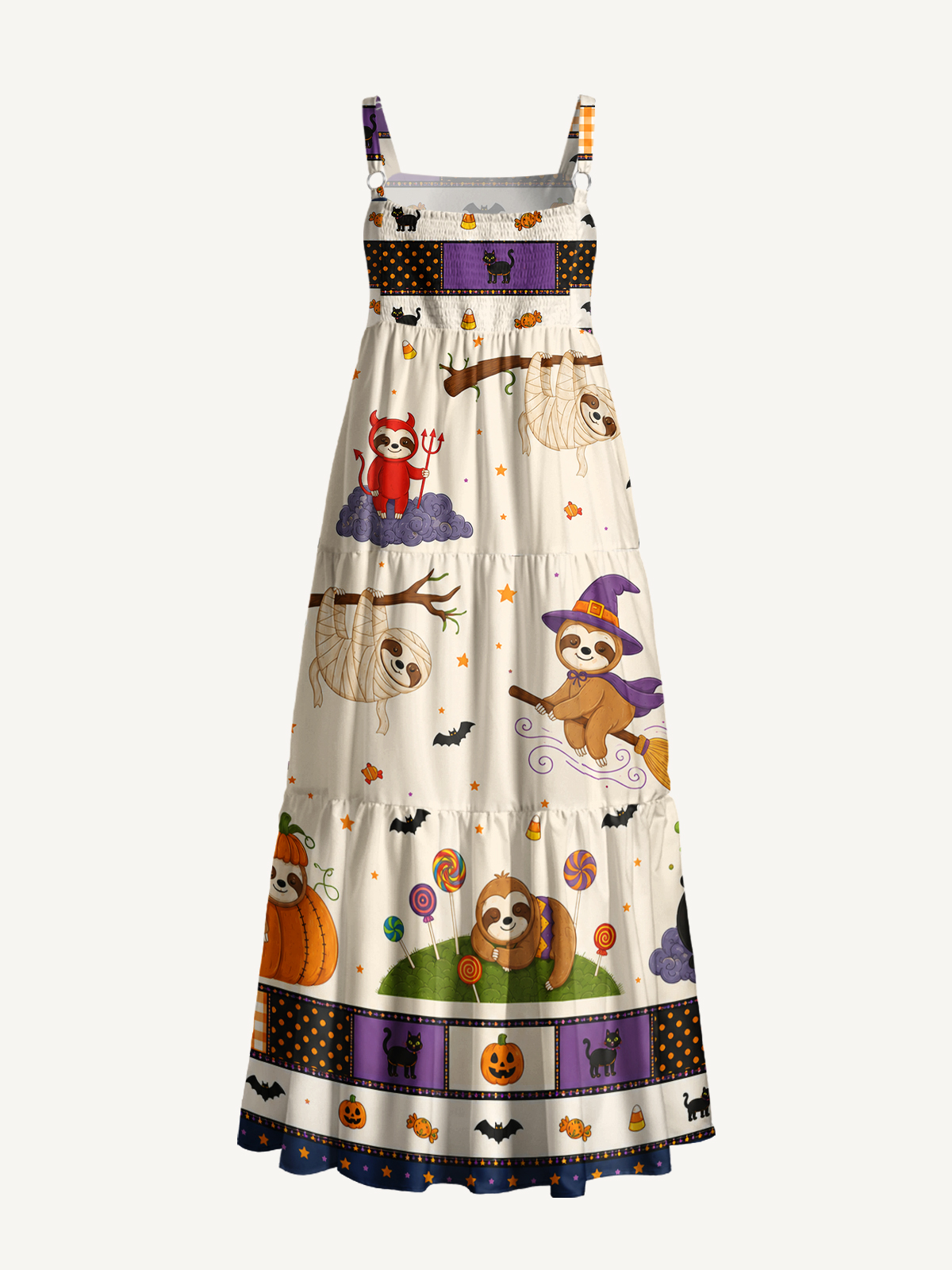 Spooky Sloth Patchwork Print Wide Straps Maxi Dress With Pockets