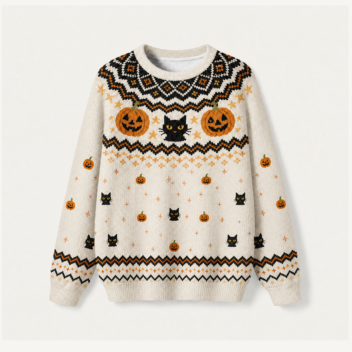 Halloween Black Cat Pumpkin Art Fuzzy Crewneck Sweater