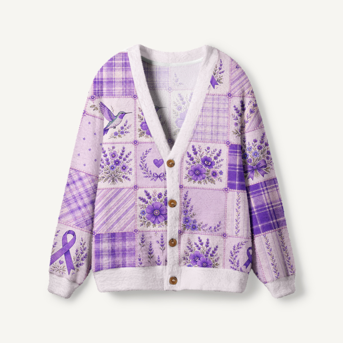 Violet Ribbon Patchwork Dreams Print Ugly Cardigan Sweaters