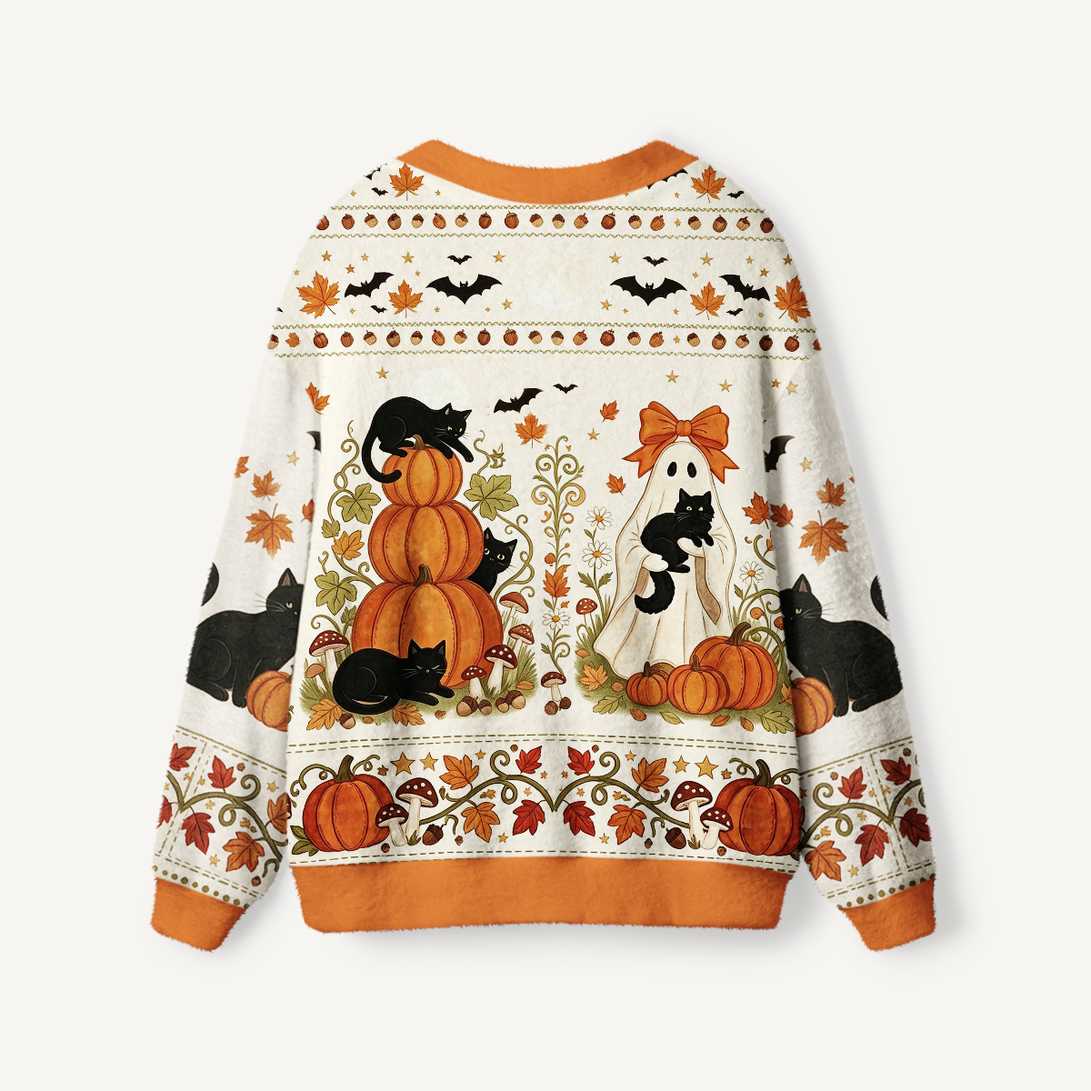 Halloween Pumpkin Black Cat Ghost Print Ugly Cardigan Sweaters