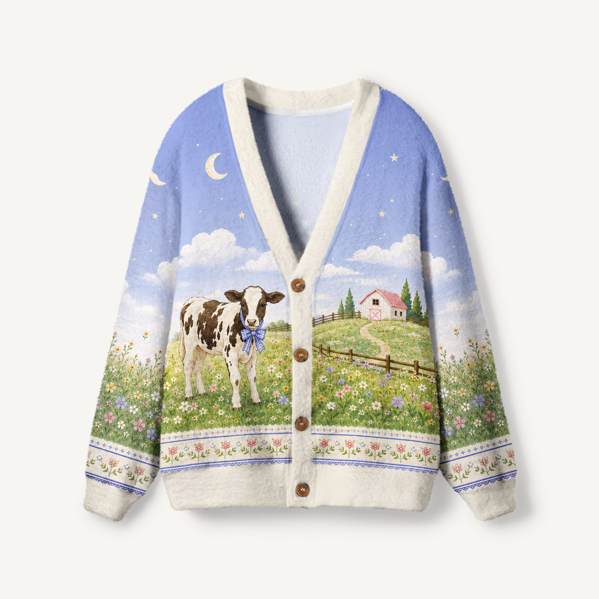 Moonlit Meadow Cow Print Ugly Cardigan Sweaters