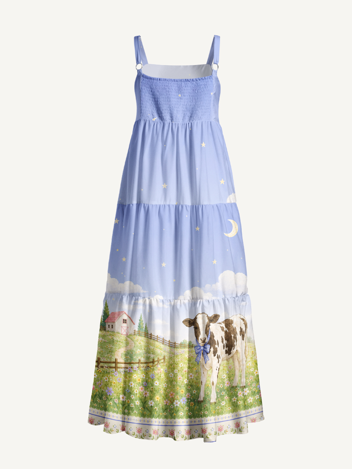 Moonlit Meadow Cow Print Wide Straps Maxi Dress With Pockets