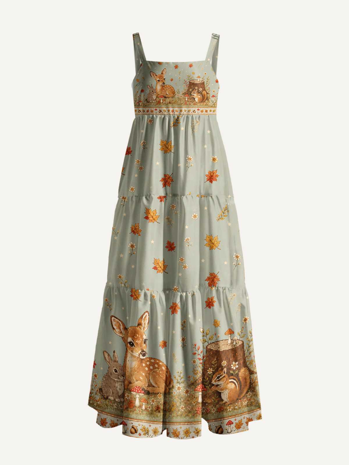 Forest Fawn & Friends Print Wide Straps Maxi Dress With Pockets