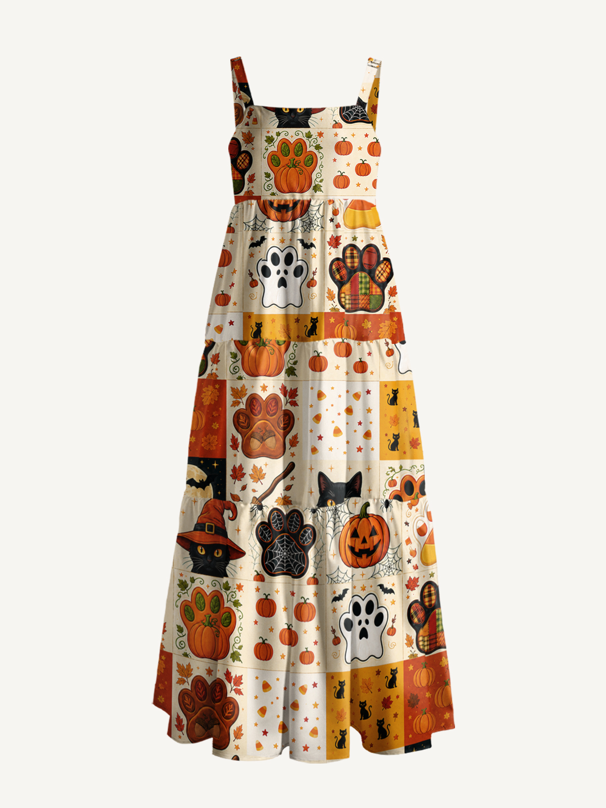Autumn Witch Cat patchwork Print Wide Straps Maxi Dress With Pockets