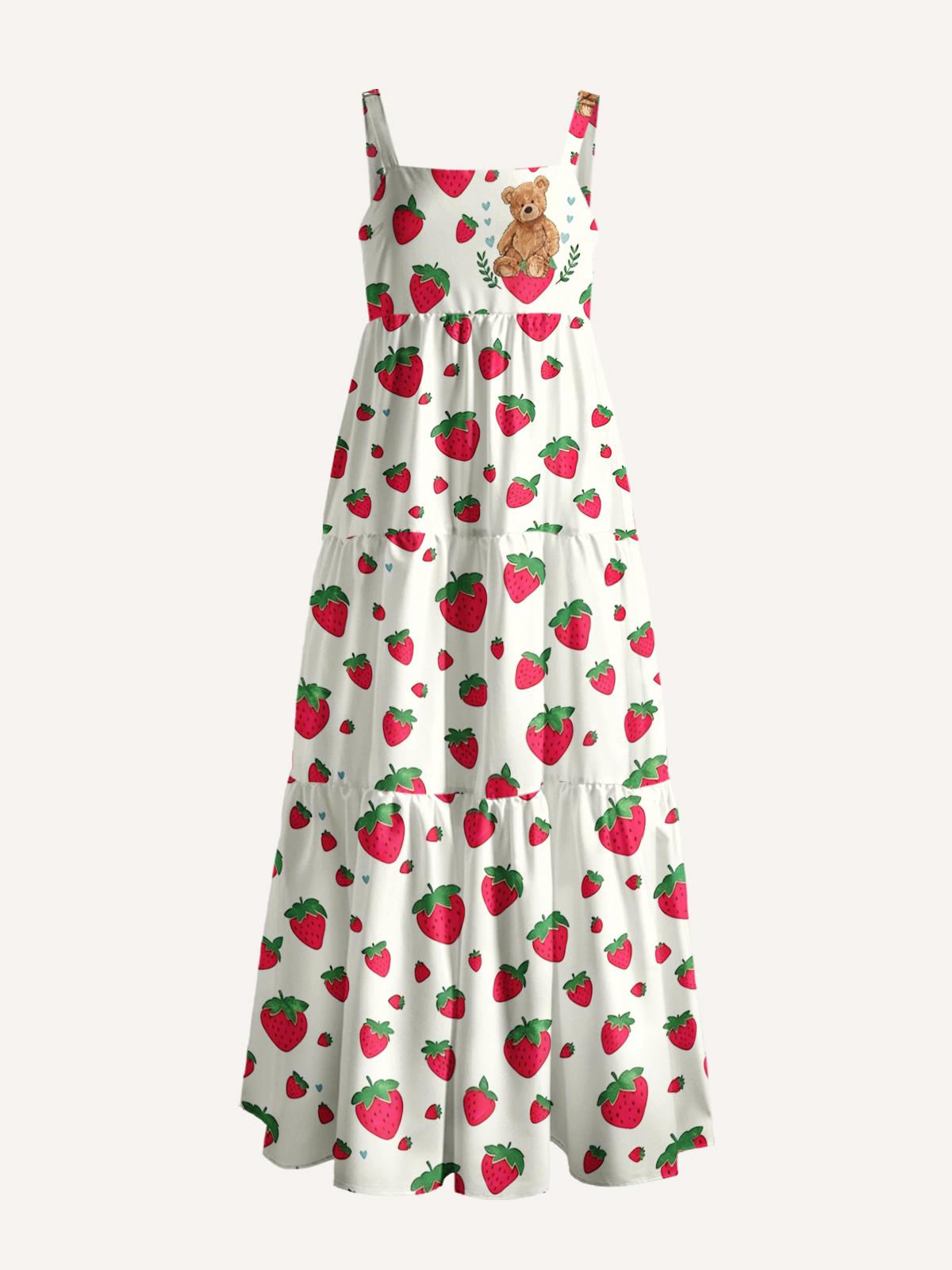 Strawberry Teddy Print Wide Straps Maxi Dress With Pockets