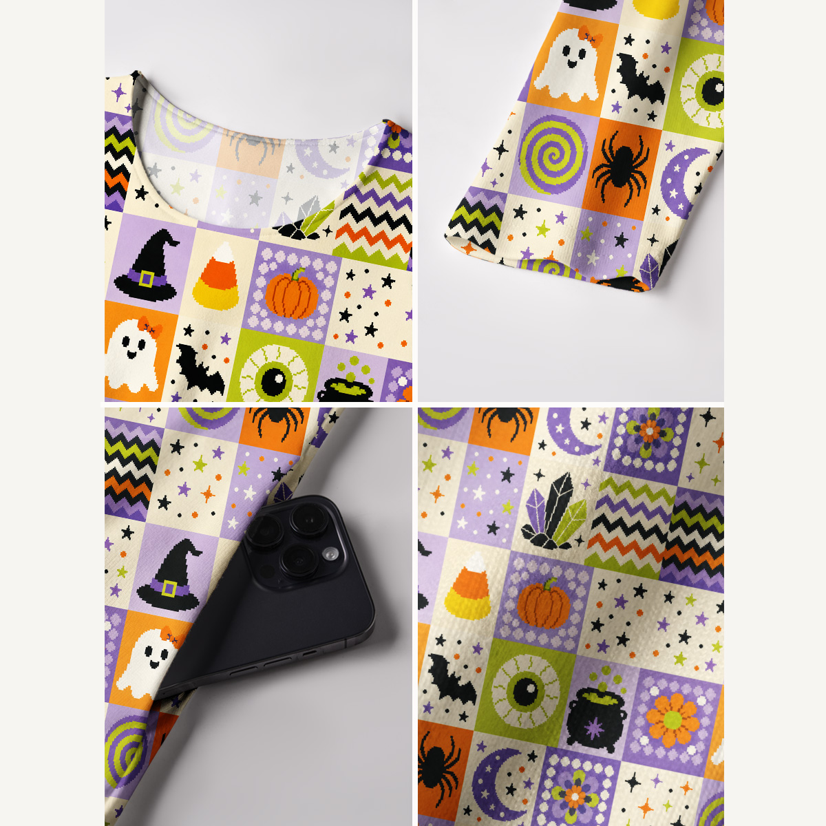 Pixel Halloween Patchwork Print Soft-Touch Stretch Knit Long Sleeve Maxi Dress with Pockets