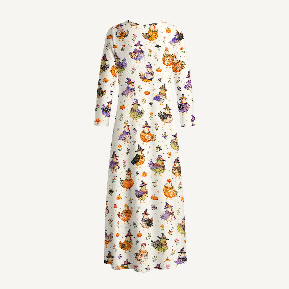 Cute Whimsical Chicken Colorful Print Soft-Touch Stretch Knit Long Sleeve Maxi Dress with Pockets
