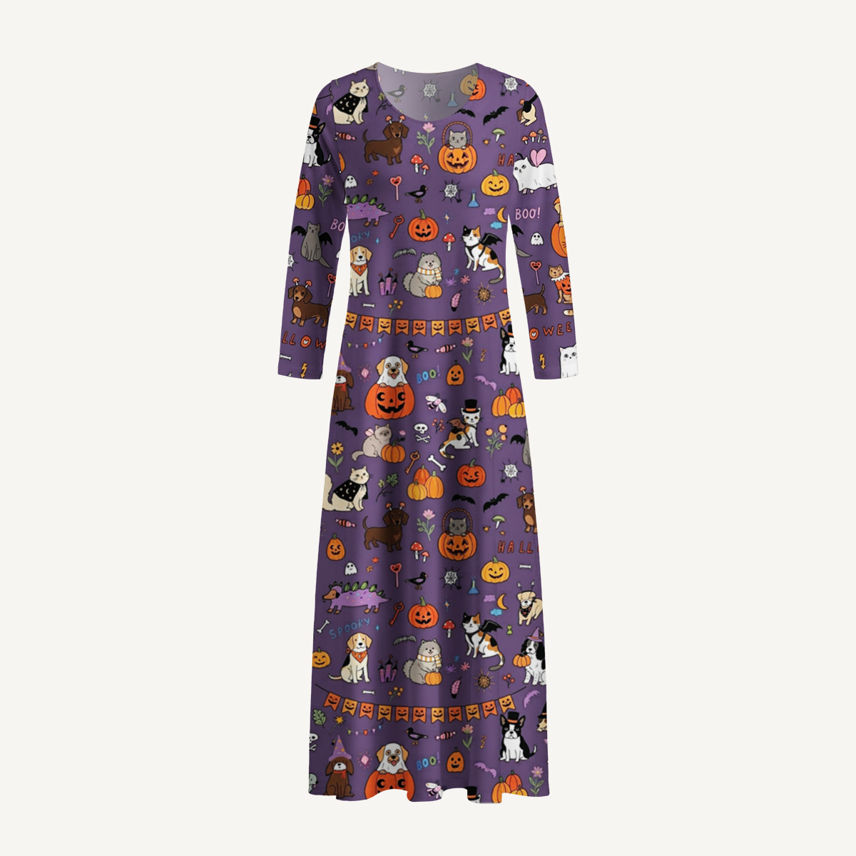 Halloween Spooky Pet Parade Print Soft-Touch Stretch Knit Long Sleeve Maxi Dress with Pockets