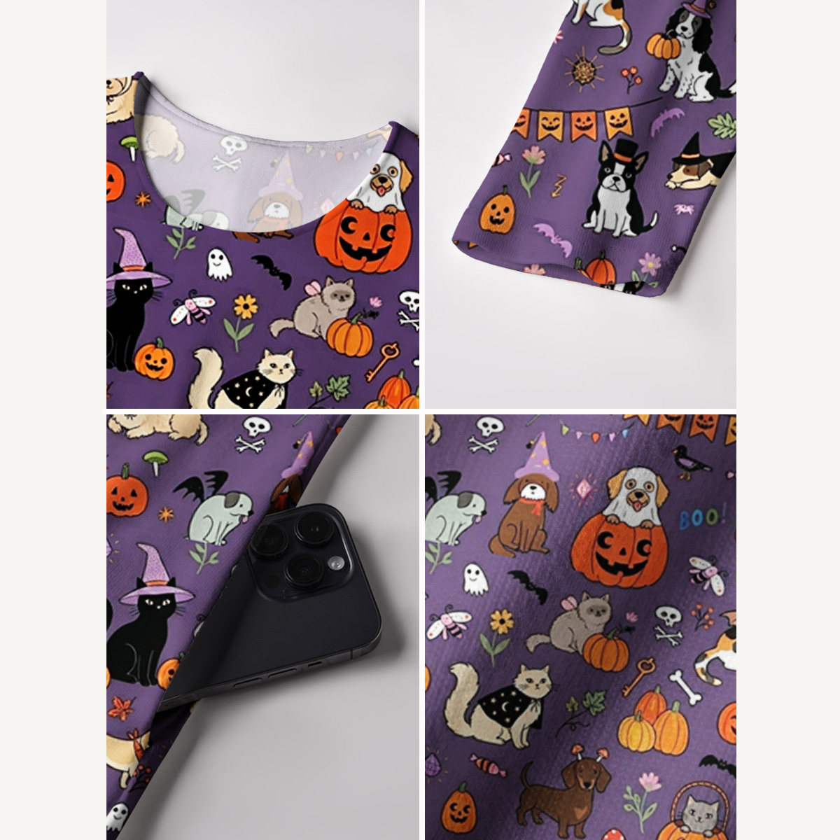 Halloween Spooky Pet Parade Print Soft-Touch Stretch Knit Long Sleeve Maxi Dress with Pockets
