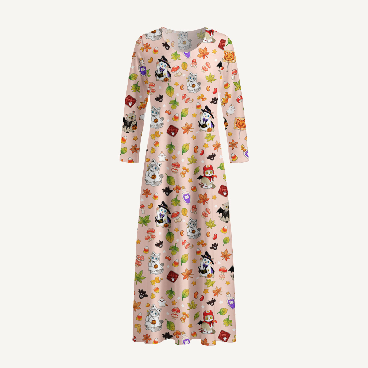 Autumn Forest Critter Halloween Print Soft-Touch Stretch Knit Long Sleeve Maxi Dress with Pockets
