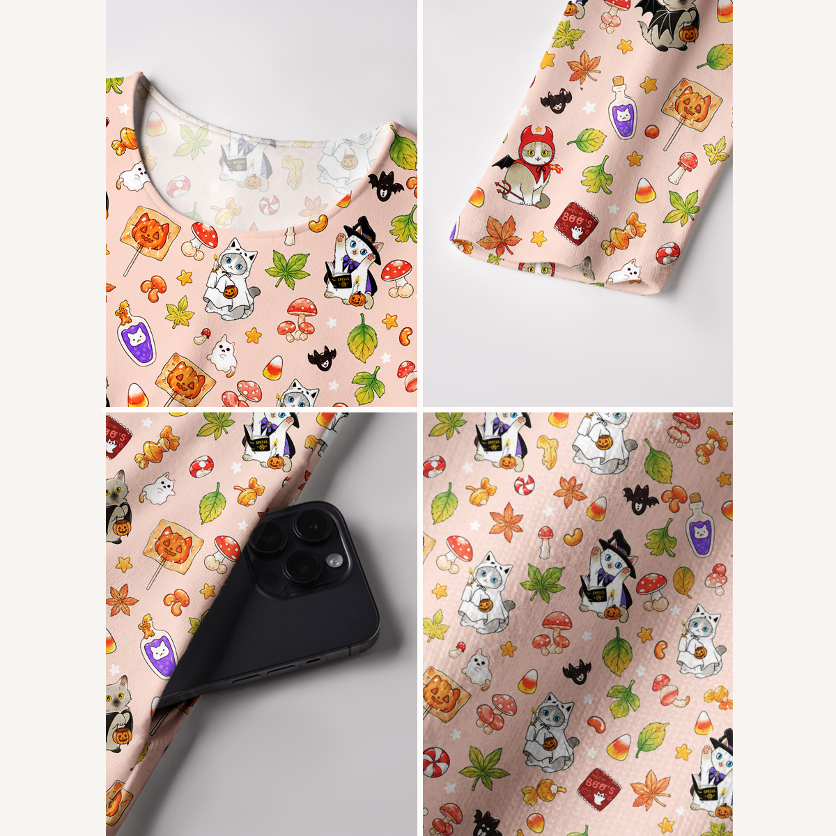 Autumn Forest Critter Halloween Print Soft-Touch Stretch Knit Long Sleeve Maxi Dress with Pockets