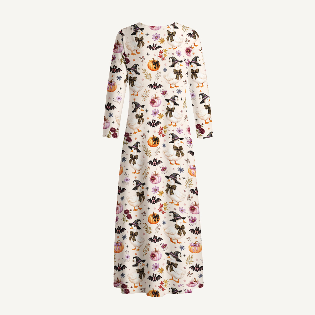 Rustic Halloween Goose Print Soft-Touch Stretch Knit Long Sleeve Maxi Dress with Pockets