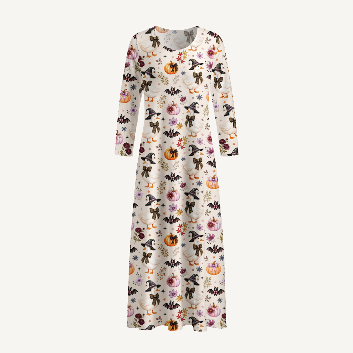 Rustic Halloween Goose Print Soft-Touch Stretch Knit Long Sleeve Maxi Dress with Pockets