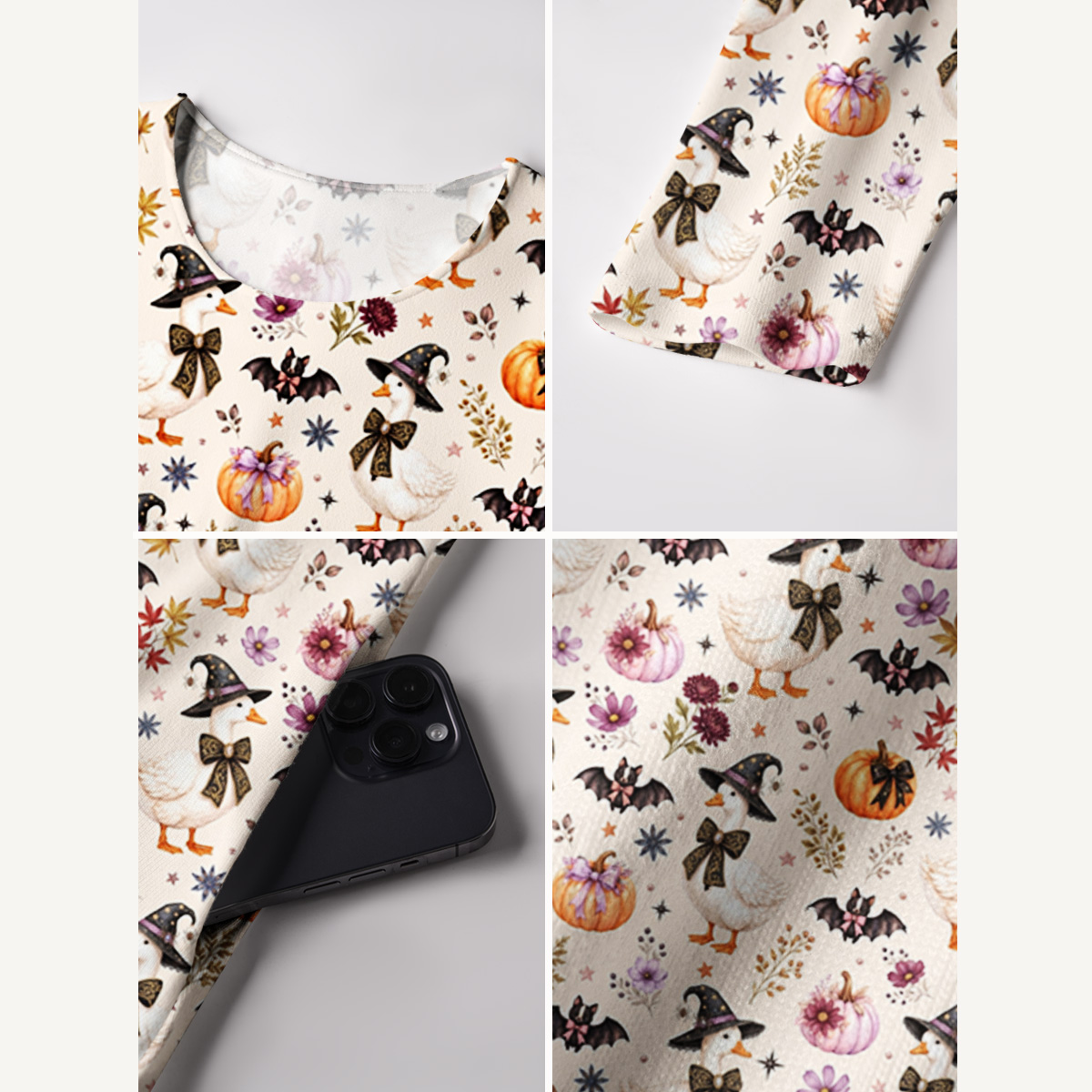 Rustic Halloween Goose Print Soft-Touch Stretch Knit Long Sleeve Maxi Dress with Pockets
