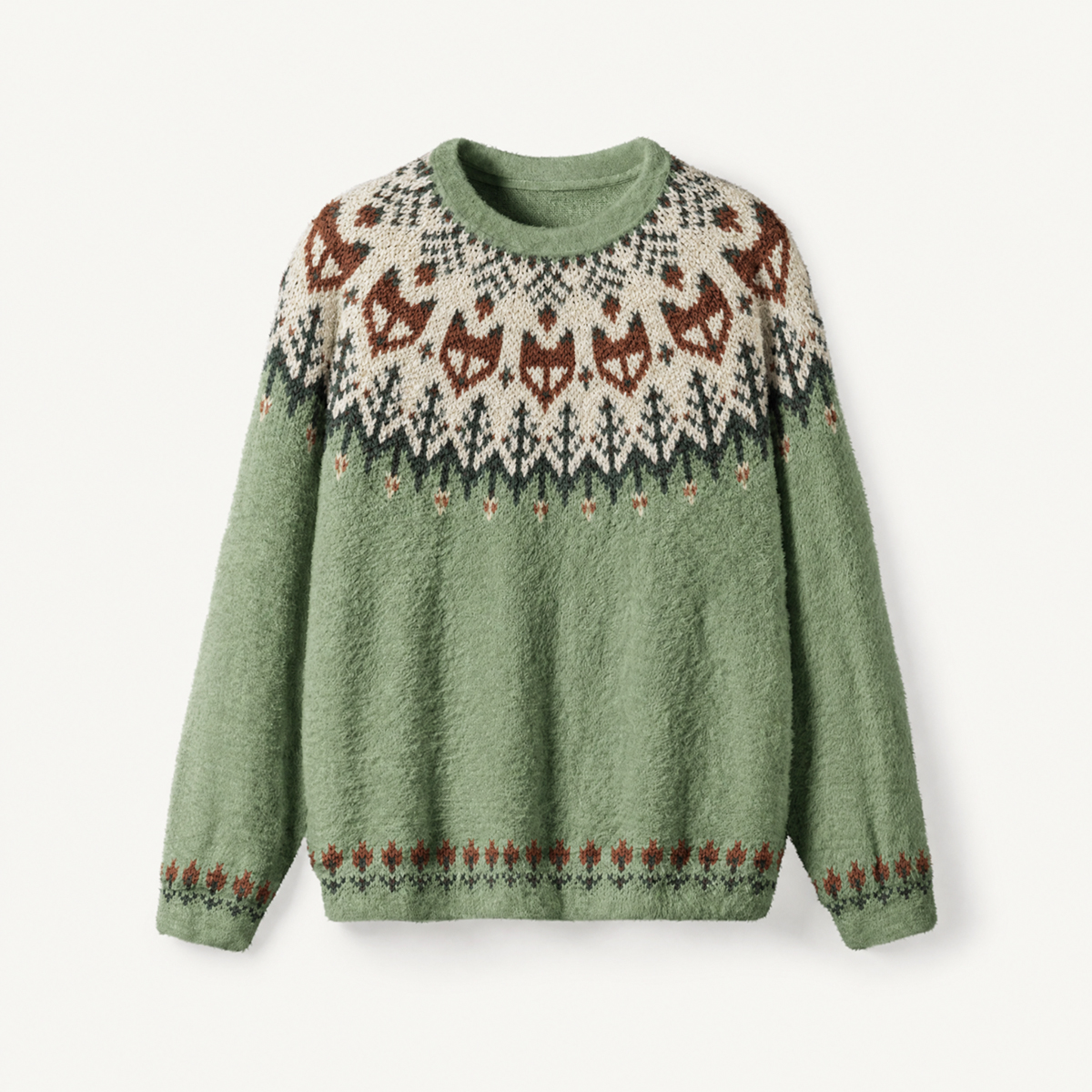 Cozy Forest Into The Wild Fox Fuzzy Crewneck Sweater