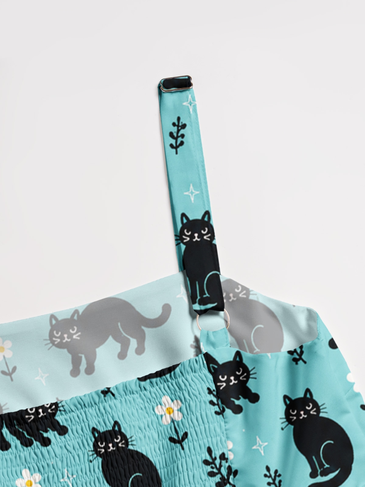 Mint Black Cat Garden Print Wide Straps Maxi Dress With Pockets