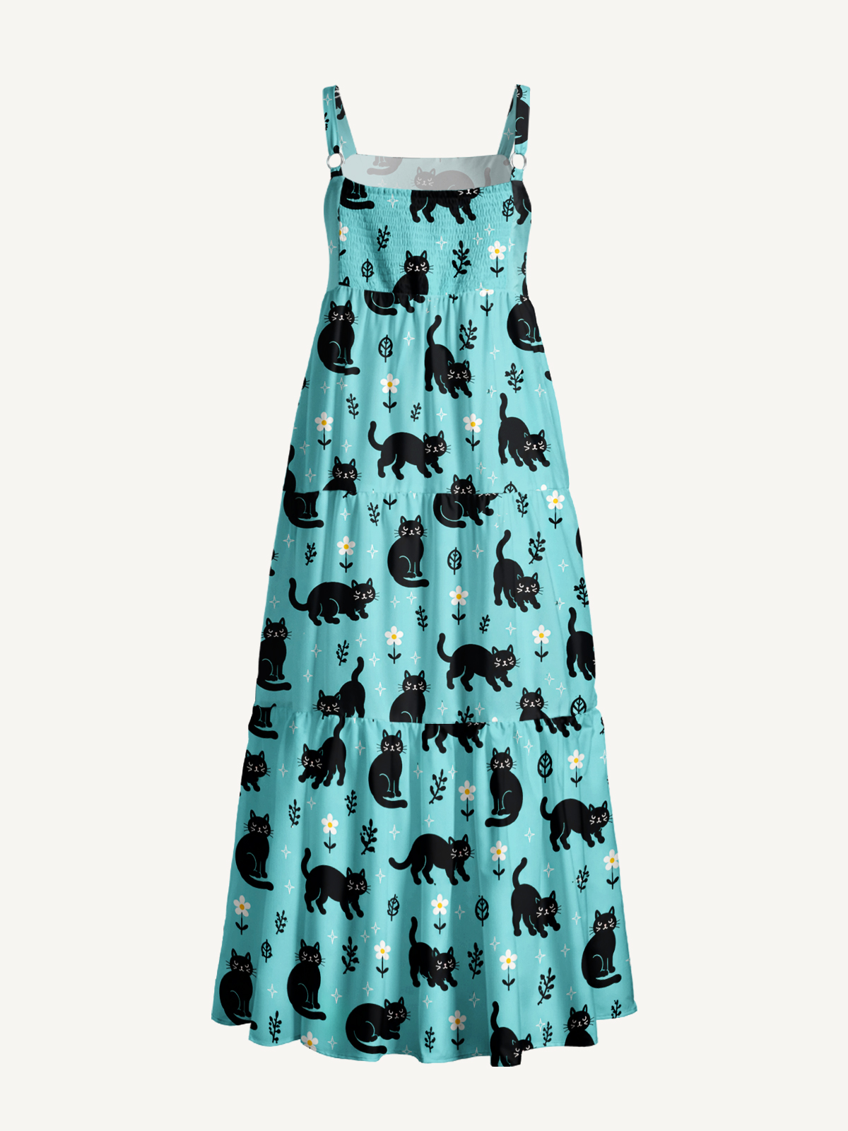 Mint Black Cat Garden Print Wide Straps Maxi Dress With Pockets