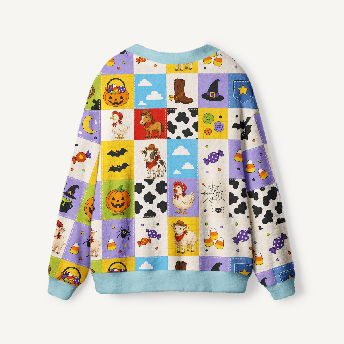 Cowboy Critters Halloween Patchwork Print Ugly Cardigan Sweaters