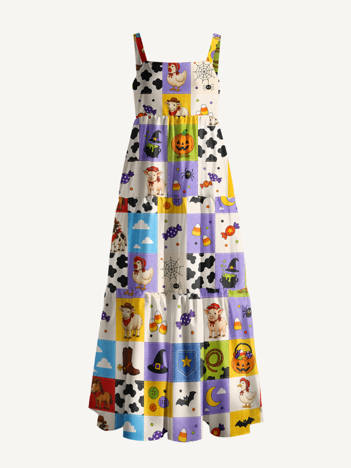 Cowboy Critters Halloween Patchwork Print Wide Straps Maxi Dress With Pockets