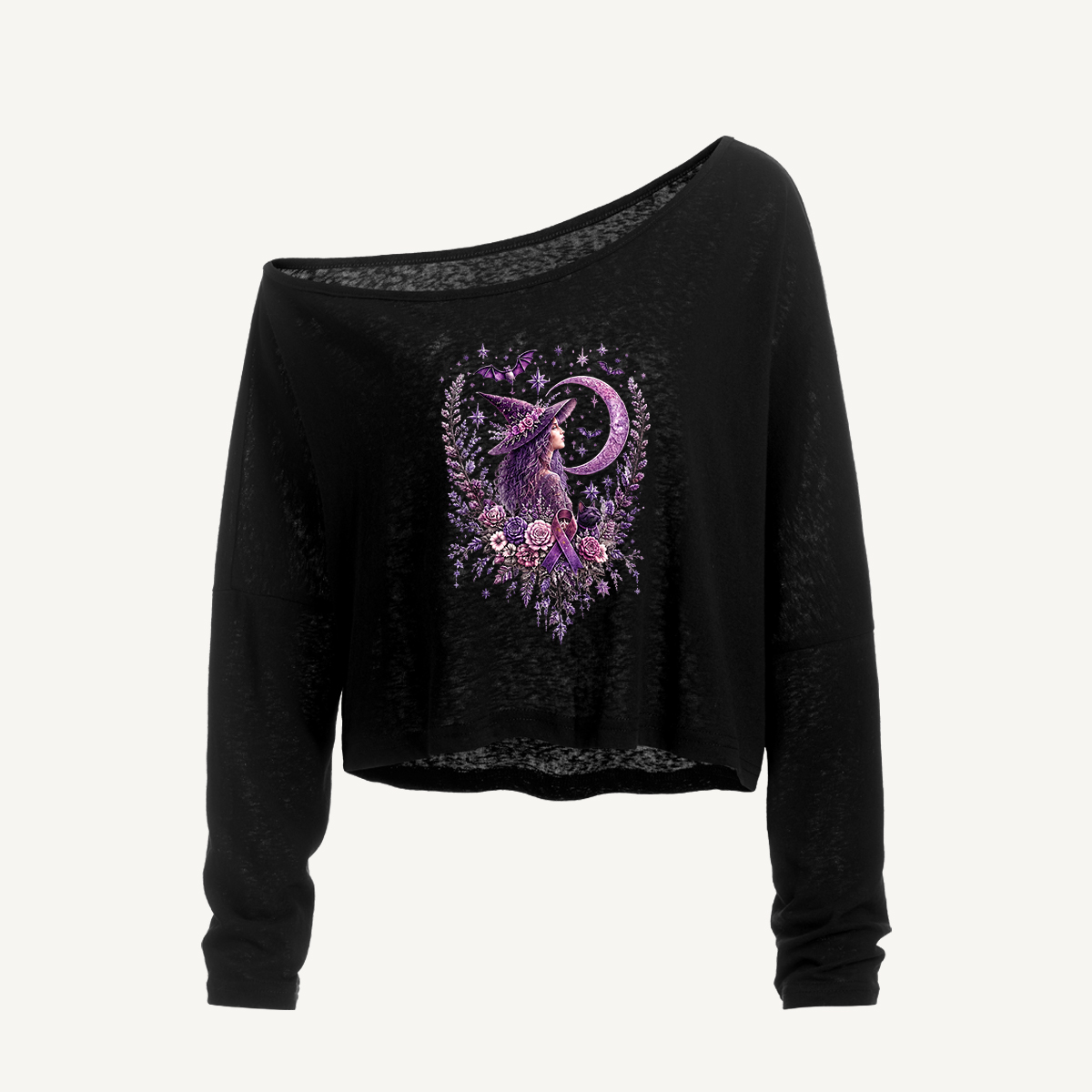 Alzheimer’s Awareness Witch Moon Floral Long Sleeve Off Shoulder T-shirt