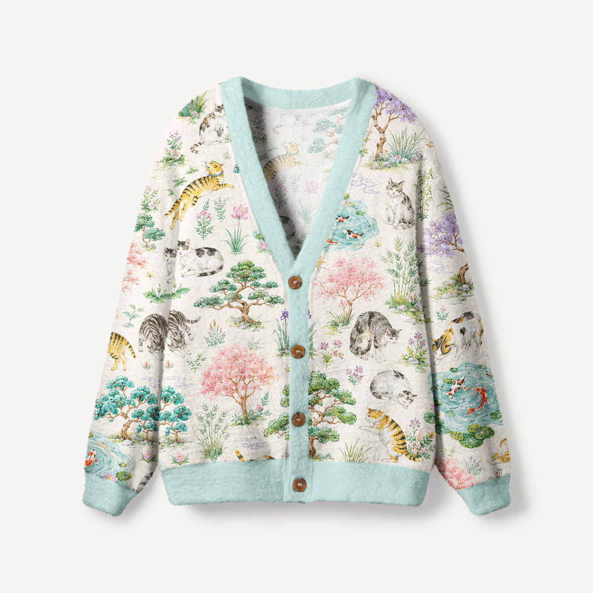 Cats in a Tranquil Garden Pond Scene Print Ugly Cardigan Sweaters