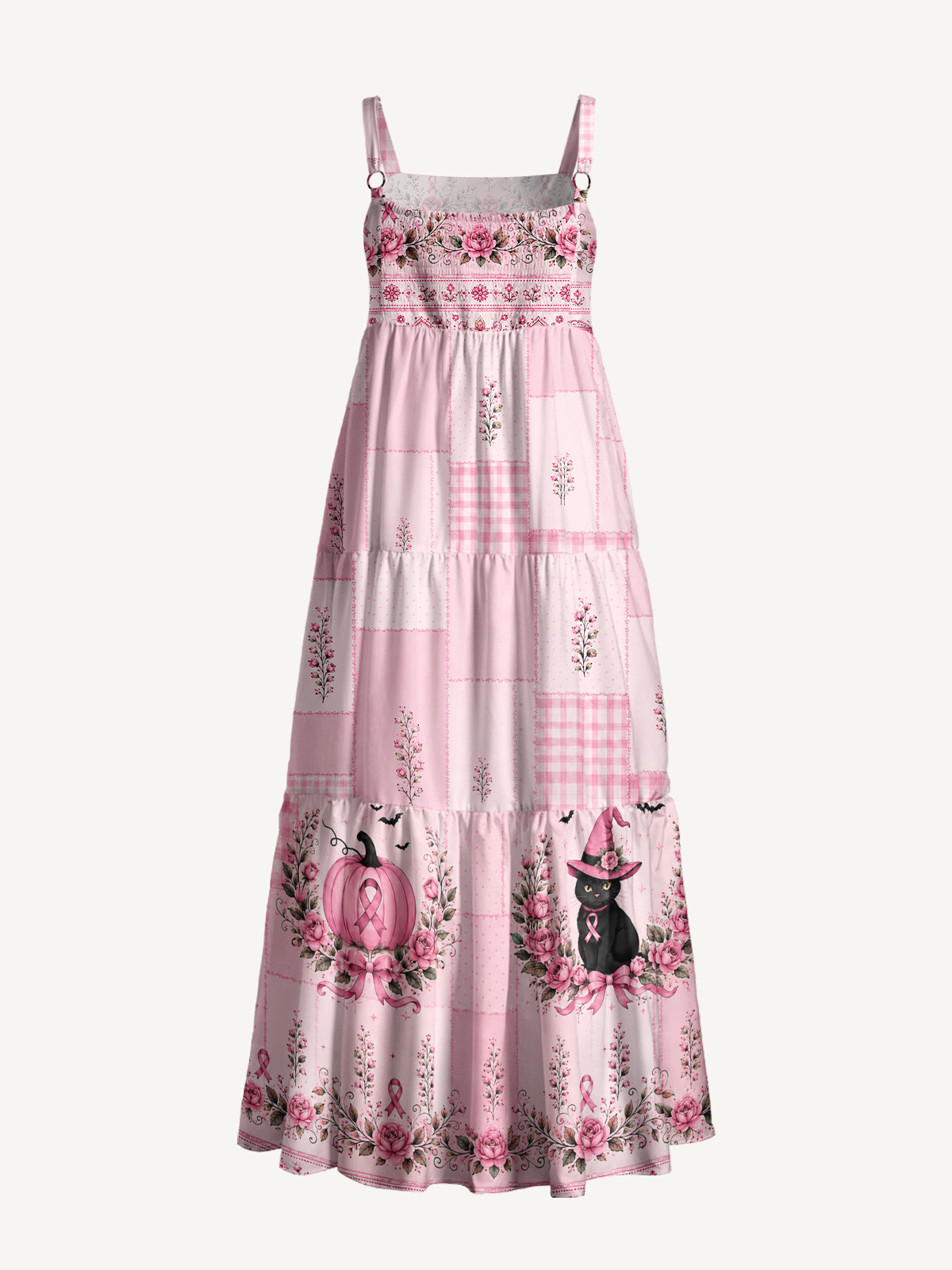 Rose Patchwork Witchy Cat Print Wide Straps Maxi Dress With Pockets