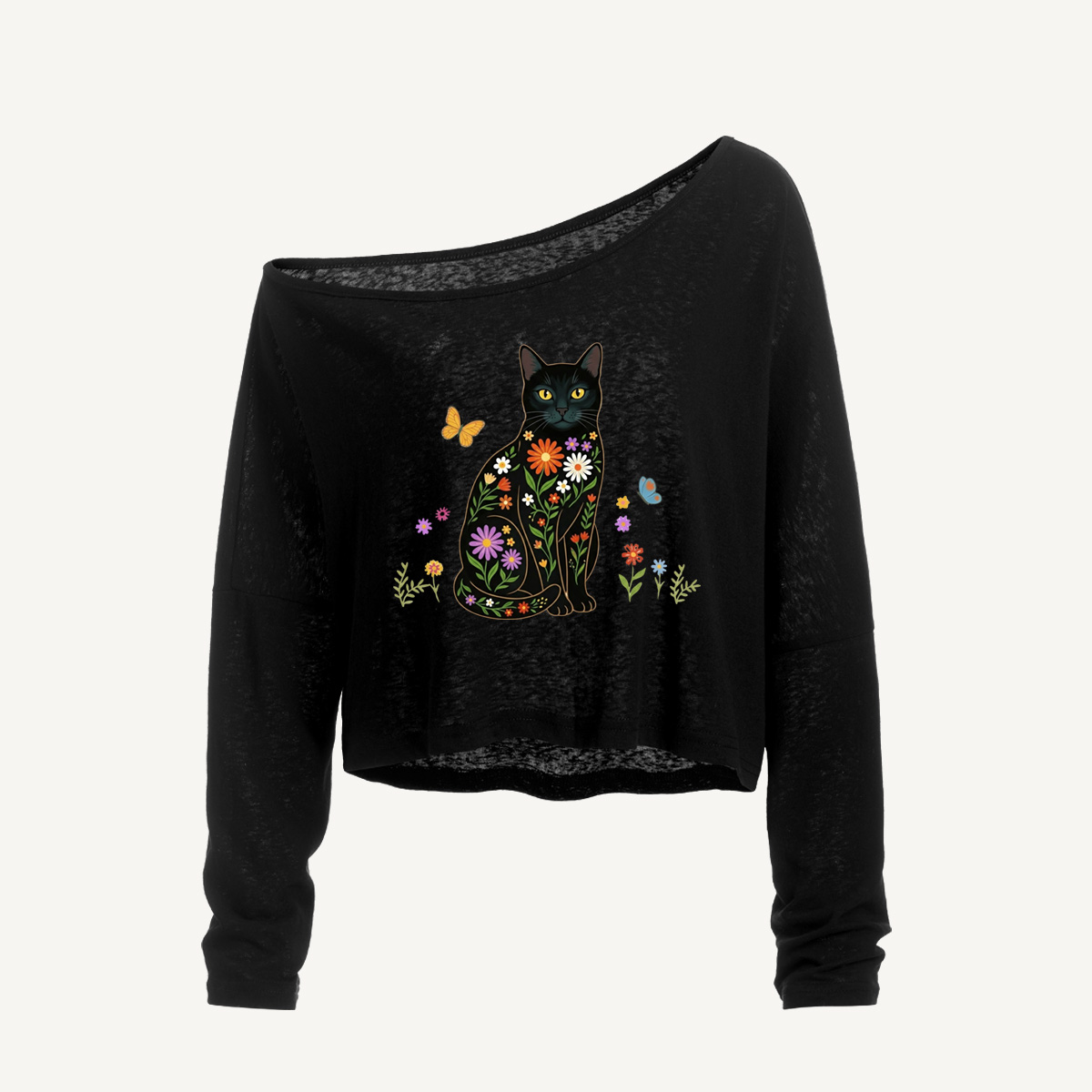 Colorful Garden Cat Pattern Long Sleeve Off Shoulder T-shirt