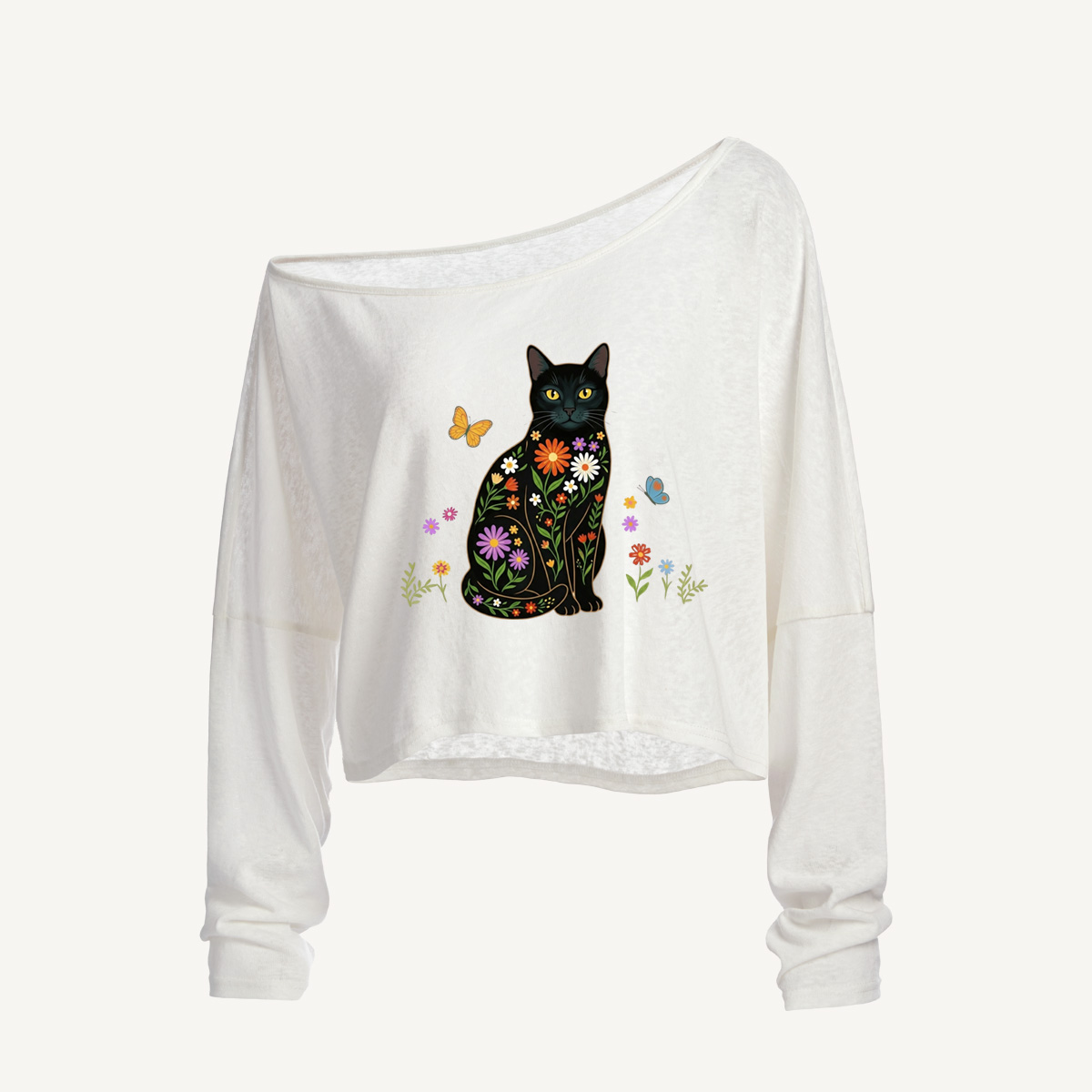 Colorful Garden Cat Pattern Long Sleeve Off Shoulder T-shirt
