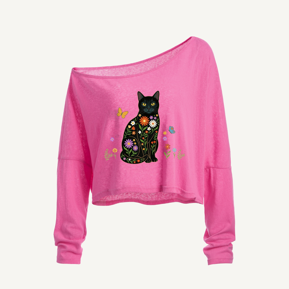 Colorful Garden Cat Pattern Long Sleeve Off Shoulder T-shirt