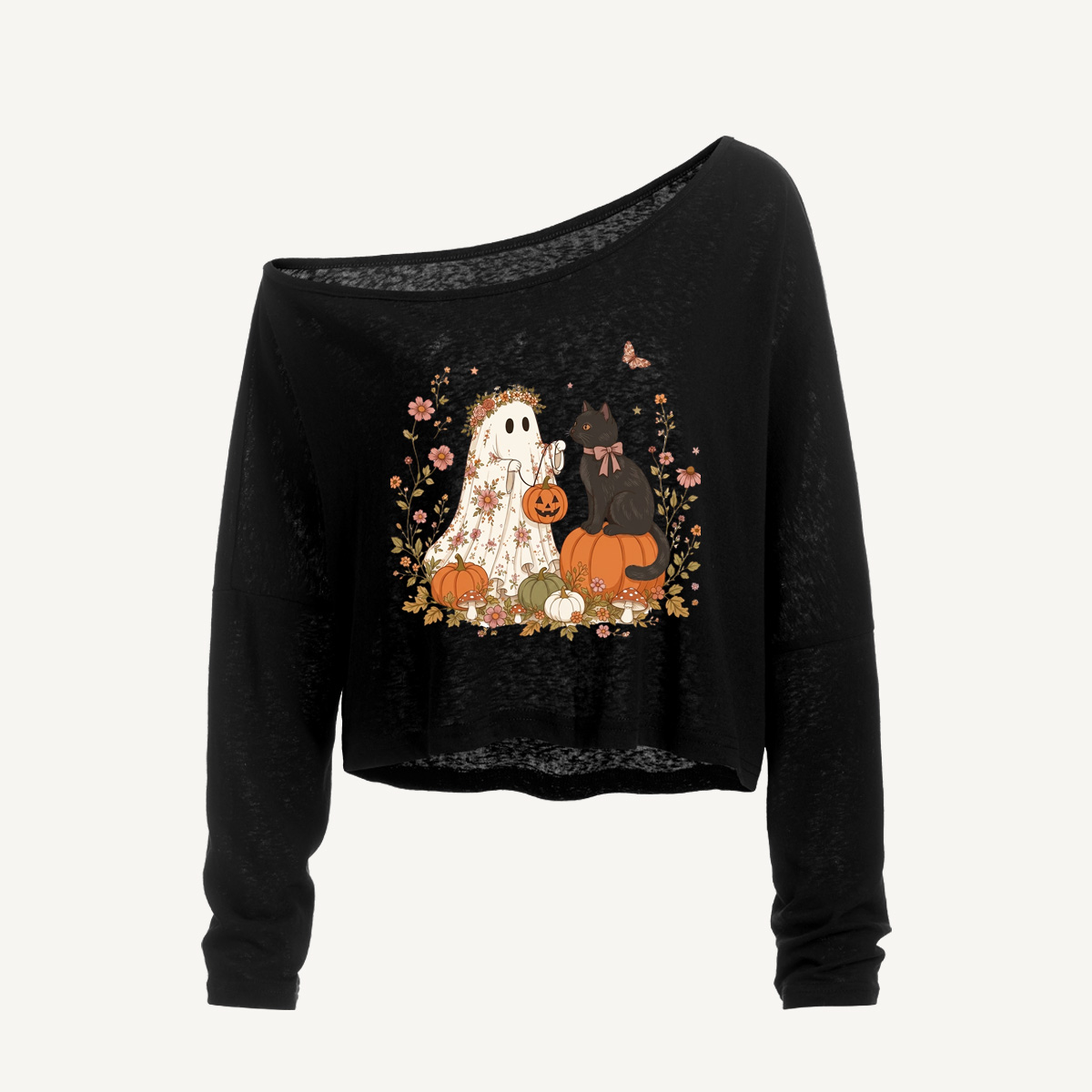 Garden Pumpkin Cat & Ghost Long Sleeve Off Shoulder T-shirt