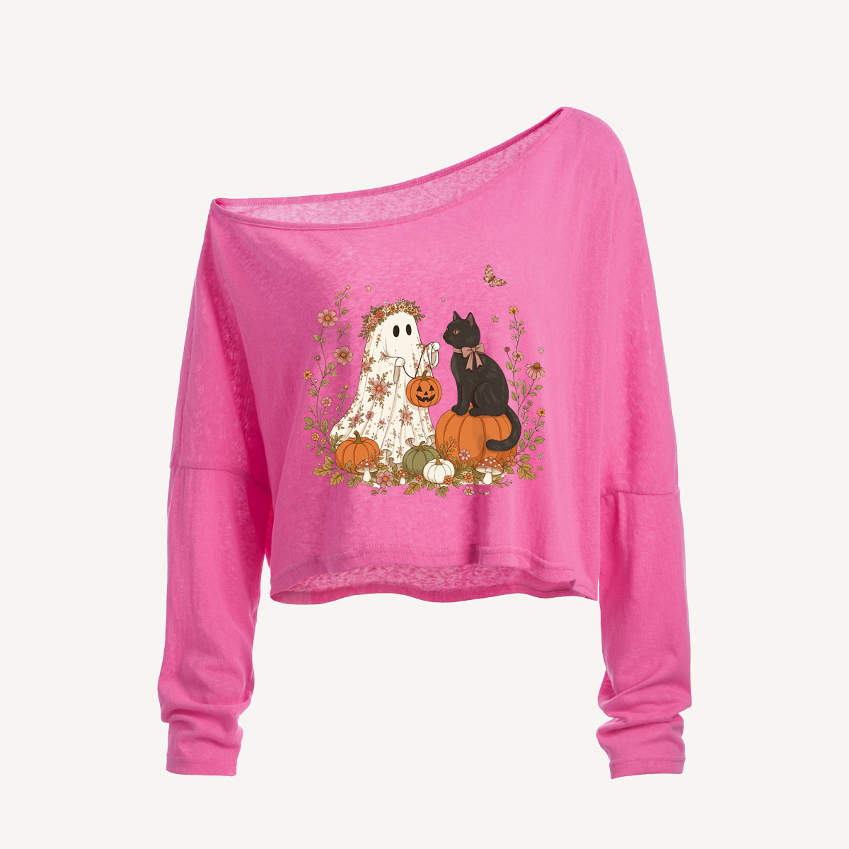 Garden Pumpkin Cat & Ghost Long Sleeve Off Shoulder T-shirt