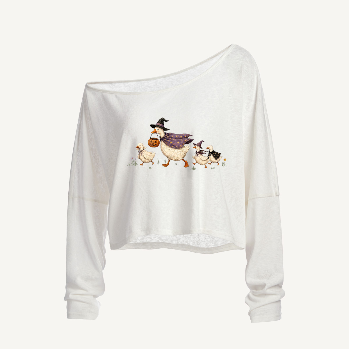 Moonlit Pumpkin Goose Parade Long Sleeve Off Shoulder T-shirt