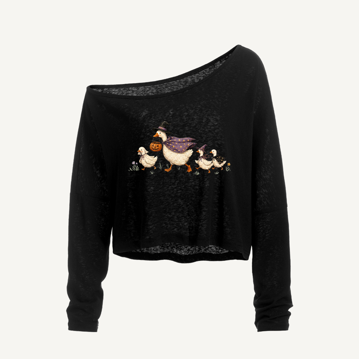 Moonlit Pumpkin Goose Parade Long Sleeve Off Shoulder T-shirt