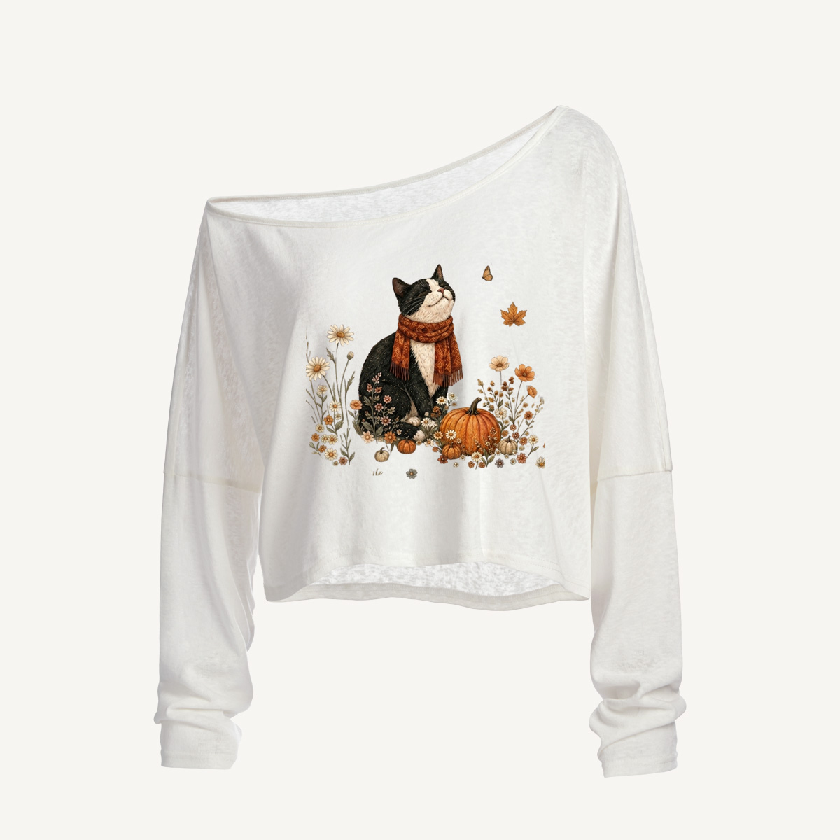 Autumn Pumpkin Field Black Cat Long Sleeve Off Shoulder T-shirt